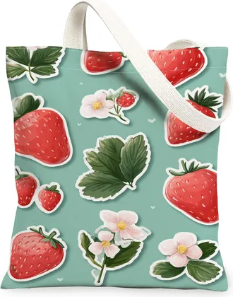 Generic Strawberry Floral Canvas Tote Bags, Vintage Plant Pattern Reusable Grocery Bags, Lightweight Washable Shoulder Strap Canvas, Green, 13x15 Inch