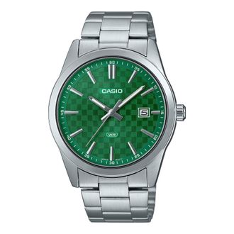 Casio Mens Silver Stainless Steel Watch with Green Textured Dial - MTP-VD03D-3A1UDF