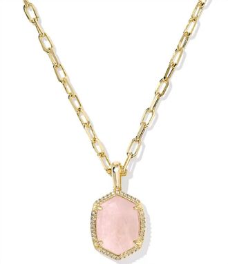 Kendra Scott Womens Daphne Pave Frame Short Pendant Necklace In Gold Rose Quartz