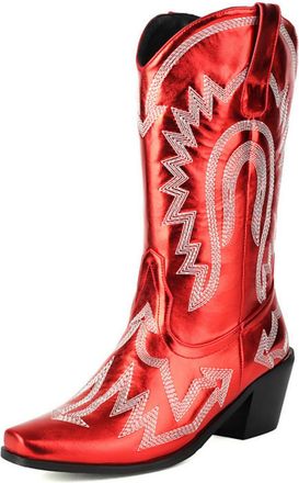 Generic Womens Chunky Heel Mid-Calf Boots Pull on Wide-Calf Boots with Embroidery Stitched Pointed Toe PU Leather Western Cowboy Boot,Red,10.5 UK