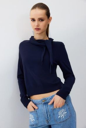 H&M Sweater With Scarf Collar in Navy Blue at Nordstrom, Size X-Small