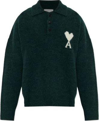 Ami Lange mouwen Polo - Heren - V-hals truien - Groen - XL - Wol - Truien & Vesten