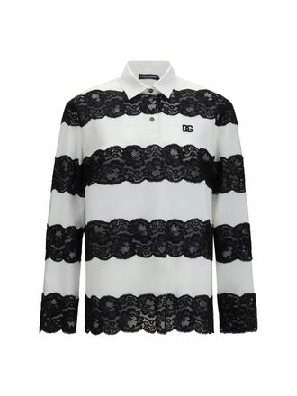 Dolce & Gabbana Lace-Trim Cotton Polo - White