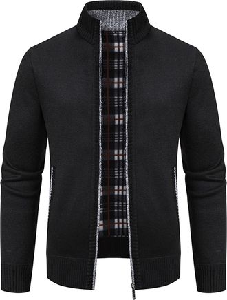 Generic Mens Rich Full Zip Cardigan Stand Collar Turn Down Collar Fleece Lined Zipper Casual Winter Coat Sweater Top Plainknit Cardigan Full Zip Up Sweater (4