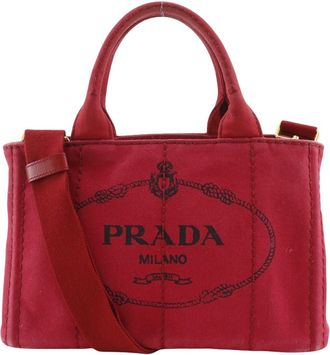 Prada Red Color Canvas Handbag Tote Bag (Pre-Owned)
