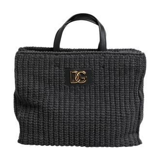 Dolce & Gabbana Handbags, female, Black, ONE SIZE, Knitted Crochet Shoulder Shopper Bag with DG Logo
