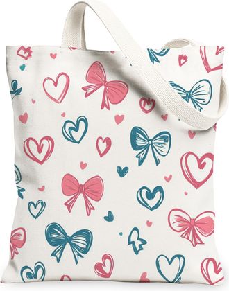 Generic Heart Bow Canvas Tote Bags, Cute Love Pattern Reusable Shopping Bags, Spring Romantic Chic Lightweight Washable Shoulder Strap Canvas for Travel Beach