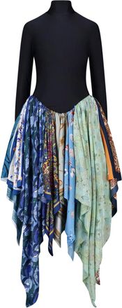 Marine Serre Black Silk-Blend Upcycled Scarf Midi Dress