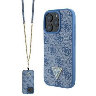 OEM Funda R&iacute;gida De Cuero Guess Guhcp16lp4tdscpb Para Iphone 16 Pro De 6.3 Azul/azul Con Logo Met&aacute;lico Y Correa Cruzada De Strass