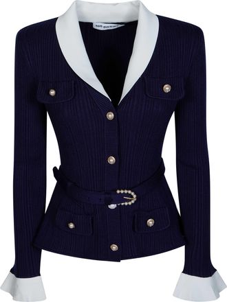 Self Portrait Navy Ribbed Knit Pearl Cardigan