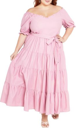 City Chic Puff Sleeve Tie Belt Midi Dress in Blush at Nordstrom Rack, Size Xs/14W