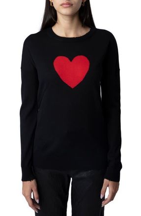 Zadig&Voltaire Gaby Intarsia Heart Wool Crewneck Sweater in Noir at Nordstrom, Size Large