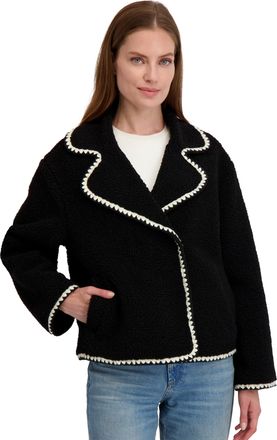 Shelli Segal Womens Short Faux Sherpa Jacket with Hidden Snap Closure, Black