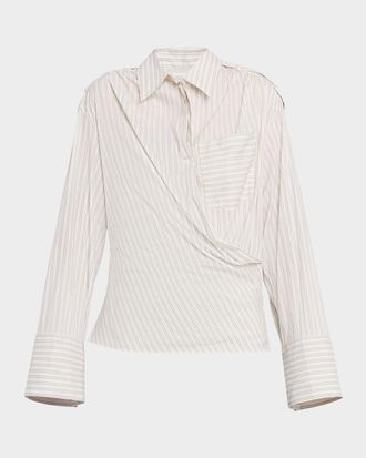Iro Lace Pinstripe Cotton Wrap Blouse