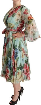 Dolce & Gabbana Womens Multicolor Green Floral Silk Wrap Midi Dress