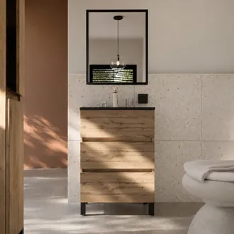 Aurlane Mueble De Ba&ntilde;o 50 Acabado Roble 3 Cajones Lavabo Negro Y Espejo 50x70cm
