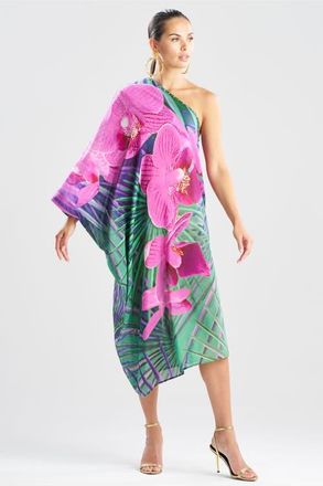 Natori Orchid Silk Cotton Voile One Shoulder Caftan w/ Beading in Multi at Nordstrom, Size Medium