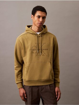 Calvin Klein Mens Embroidered Monogram Logo Fleece Classic Hoodie - Brown - S