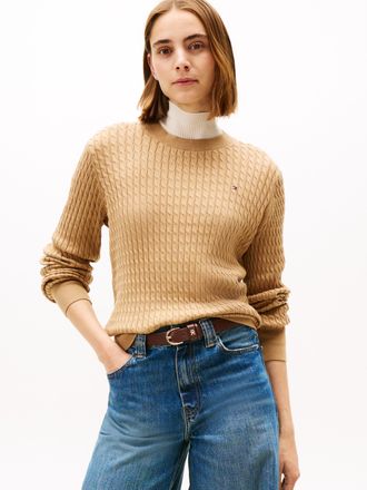 Tommy Hilfiger Rundhalspullover TOMMY HILFIGER CO CABLE C-NK LS SWEATER, Damen, Gr. XXL (44), safari canvas, Strick, Obermaterial: 100% Baumwolle, unifarben, regular