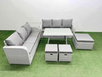 Fimous Rattan High Back Lounge Sofa Set with 3 Seater Sofa Side Table 3 Stool in Light Grey