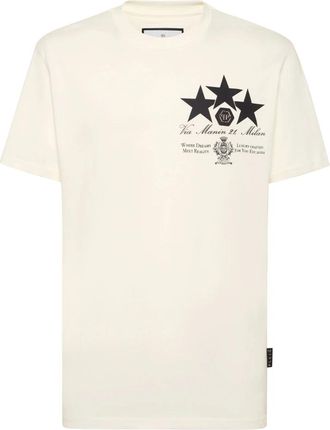 Philipp Plein T-shirt met ronde hals leren patch sterren - Heren - T-shirts - Wit - 4XL - Katoen - Tops