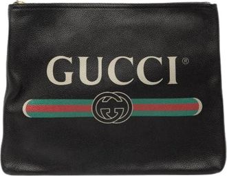 Gucci Pre-owned Printed Leather Clutch - Dames - Vintage Clutch - Zwart - ONE Size - Leer - Vintage