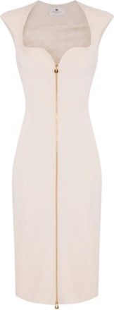 Elisabetta Franchi Midi Sheath Jurk in Double Crepe Stretch - Dames - Casual kleedjes - Beige - L - Leer - Kleedjes