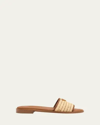 Prada Triangle Logo Raffia Flat Slide Sandals