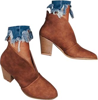 Generic Ankle Boots for Women V Cut 2025,Back Zipper Solid Color Chunky Block High Heels Slip On Ankle Booties Pointed Toe Slip On Fashion Casual Comfortable 