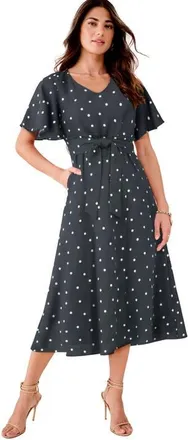 Roaman's Plus Size Flutter Sleeve V Neck Fit And Flare Bi Stretch Maxi Dress in Black Pill Dot at Nordstrom, Size 32