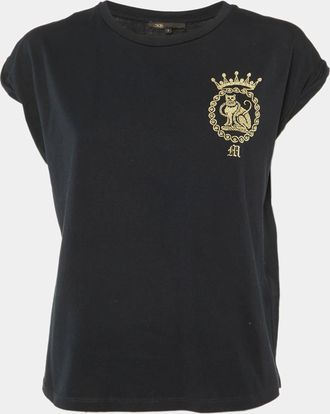 Maje Black Cotton Embroidered Torino Crew Neck T-Shirt
