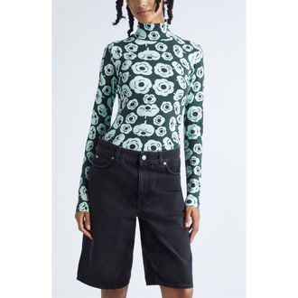 Marimekko Armas Tumma Floral Turtleneck Top in Dark Green Turquoise Black at Nordstrom Rack, Size X-Small