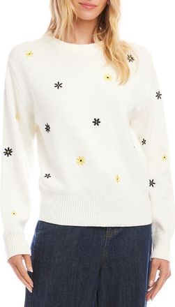 Karen Kane Embroidered Daisy Cotton Blend Sweater in White at Nordstrom, Size X-Large