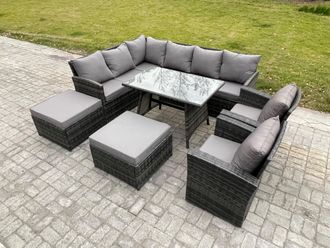 Fimous Outdoor Rattan Garden Furniture Corner Sofa Set with Oblong Dining Table 2 Big Footstool 2 Armchairs in Dark Grey
