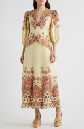 Farm Rio Embroidered Lace Linen Blend Midi Dress in Sand at Nordstrom, Size Xx-Small