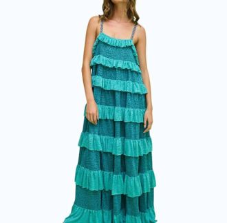 Pitusa Colorblock Tiered Ruffle Dress In Teal
