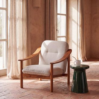 Maisons du monde Sill&oacute;n de tejido de poli&eacute;ster efecto lino beige con patas de madera de fresno oscuro