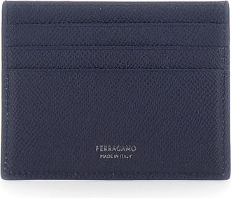 Ferragamo Mens Card Holder Grained Leather Blue Calf Accessory