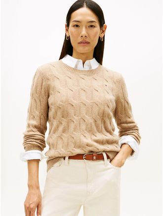 Tommy Hilfiger Womens Wool Cable Knit Sweater - Beige - L