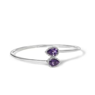 House of Brilliance 925 Sterling Silver 8 x 5.5mm Pear Shape Amethyst and Diamond Accent Halo Bypass Bangle (H-I Color, SI1-SI2 Clarity)