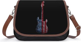 Generic Guitar Glitter U.S. Flag Crossbody Bag Womens Handbag PU Message Bags Shoulder Purse with Adjustable Strap