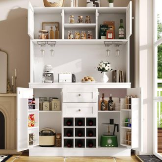 Merax Freestanding Tall Kitchen Storage Cabinet with Worktop, Wine Rack in White