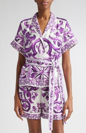 Dolce & Gabbana Majolica Print Silk Twill Drawstring Shirt in Ip3Tn Mix Maiolica Viola at Nordstrom, Size 10 Us