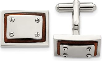 Diamond2Deal Stainless Steel Polished Koa Wood Inlay Rectangle Cufflinks