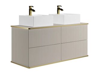 Vente-Unique Mobile Bagno Sospeso Con Scanalature Con Profilo Dorato Con Doppio Lavabo Da Appoggio Quadrato Beige 120 Cm - Keliza