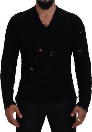 Dolce & Gabbana Luxe Zwarte Wolmix V-Hals Trui - Heren - V-hals truien - Zwart - XS - Wol - Truien & Vesten