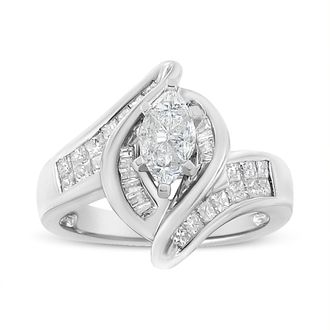 House of Brilliance 14K White Gold 1 1/4 Cttw Pie, Baguette and Princess cut Diamond Marquise Shape Engagement Cocktail Ring
