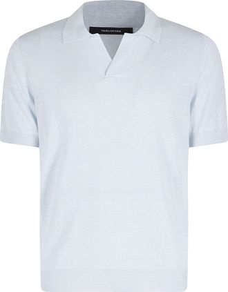 Tagliatore Sky Blue Keith Short Sleeve Ribbed Trim Linen-Blend Polo Shirt