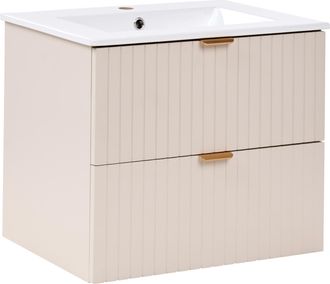 Beliani Mueble De Pared Para Ba&ntilde;o Con Lavabo 2 Cajones Frente Acanalado Tiradores Dorados Mueble Suspendido Beige Totorani