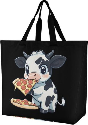 Generic Cute Cow Eating Pizza Reusable Shopping Bags Large Capacity Grocery Bag Heavy Duty Tote for Women 40x40x16cm